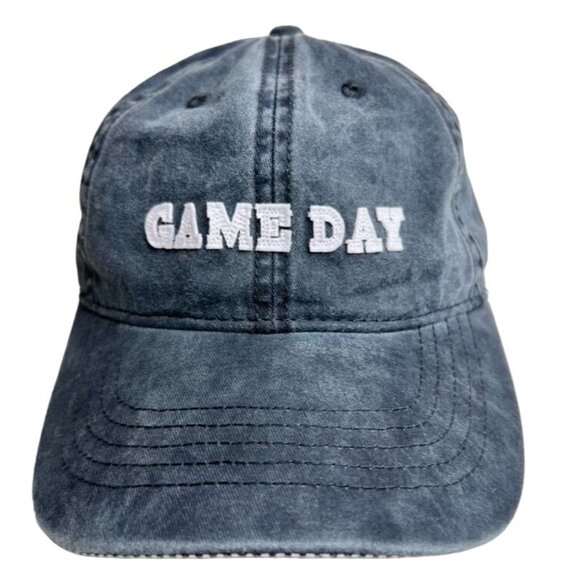 "Game Day" Stone Wash Gray Denim Embroidered Baseball Cap Striped Bill Underside - Picture 1 of 10